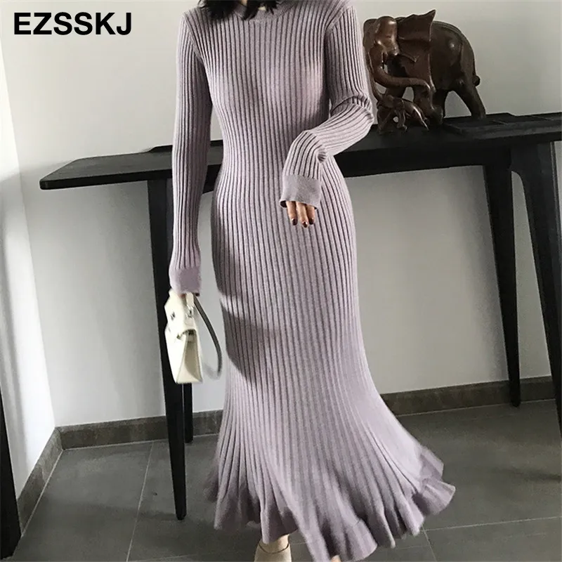 Herbst Winter dicke Meerjungfrau Maxi Pullover Kleid Frauen O-Ausschnitt lange Pullover Kleid elegante weibliche A-Linie schlank sexy Strickkleid