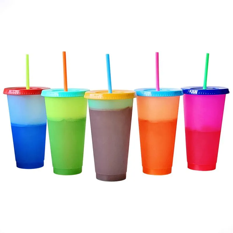 710ML Temperatur Farbwechsel Kalte Tassen Kunststoff Wiederverwendbare Magic Tumbler Saft Kaffee Mit Strohhalme Trinken Wasser Flasche