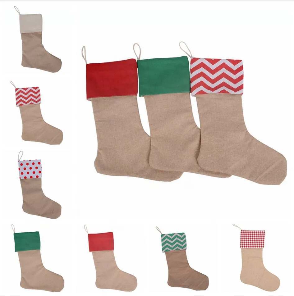 Christmas Stocking Stripe Wave Dot Gift Socks Christmas Plain Linen Decorative Socks Canvas Gift Hanging Bag Party decoration LJJP441