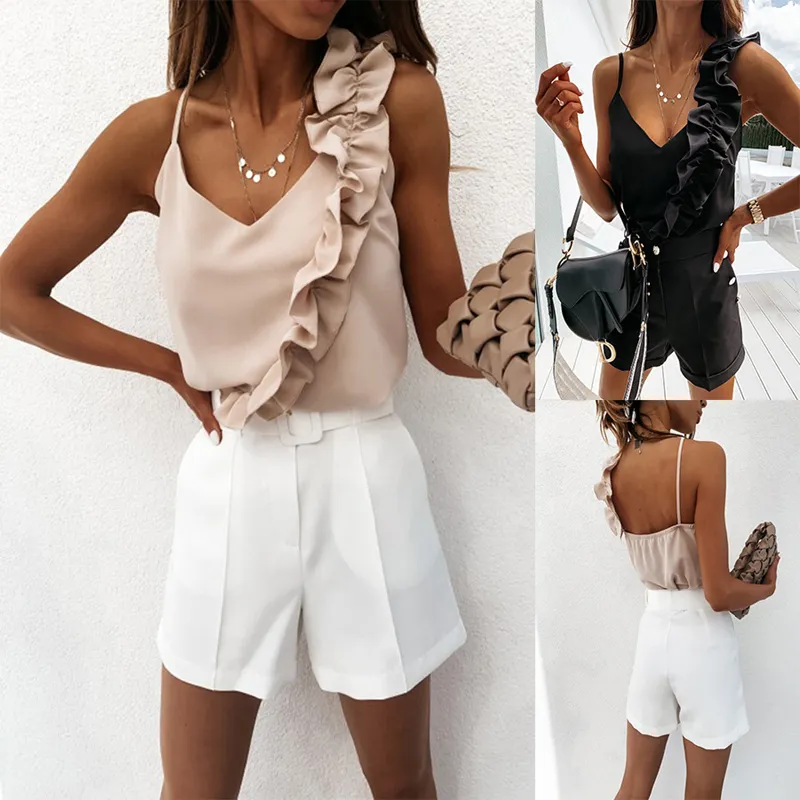 Sexy Deep V Neck Ruffle Blouses Women Summer Blouse Backless Spaghetti Strap Shirts Ladies Sleeveless Casual Tops