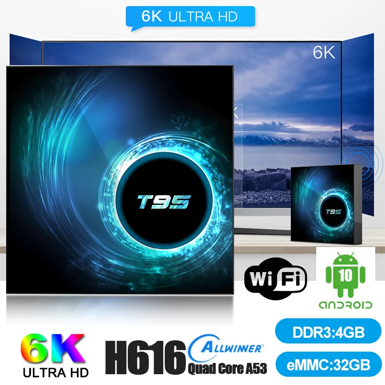 1 stuk! T95 Android 10.0 TV Box H616 Quad Core 4 GB + 32 GB Ondersteuning 2.4G Wifi 6 K Caja de tv android TX3 H96