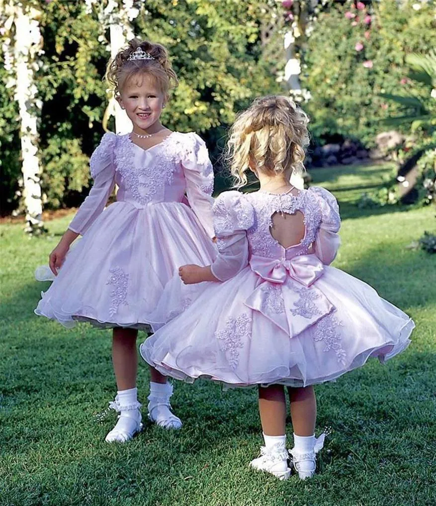 Princesa pequena flor menina vestidos de mangas compridas para casamentos com laço apliques organza curto vestidos de festa de aniversário c182