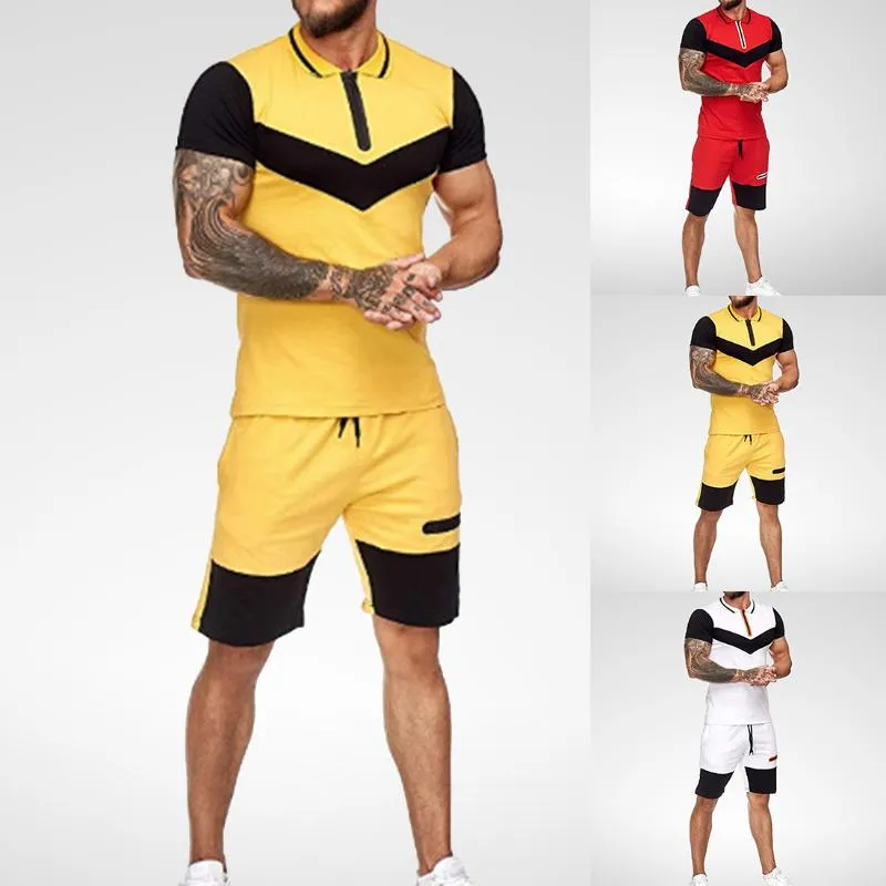 Conjuntos curtos masculinos de verão, roupas casuais de verão, conjunto de 2 peças, ternos de trilha Colorblock 2020, camiseta masculina + shorts de algodão, agasalhos masculinos