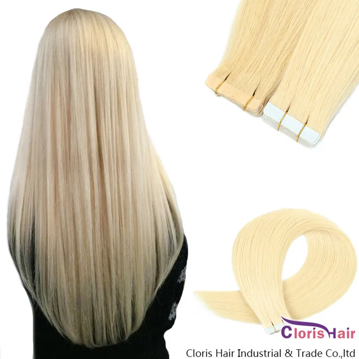 #60 Platinum Blonde Tape In Human Hair Extensions Seamless Pu Skin Weft Straight Brazilian Remy Hair 20pcs Double Sided Adhesive Tape On