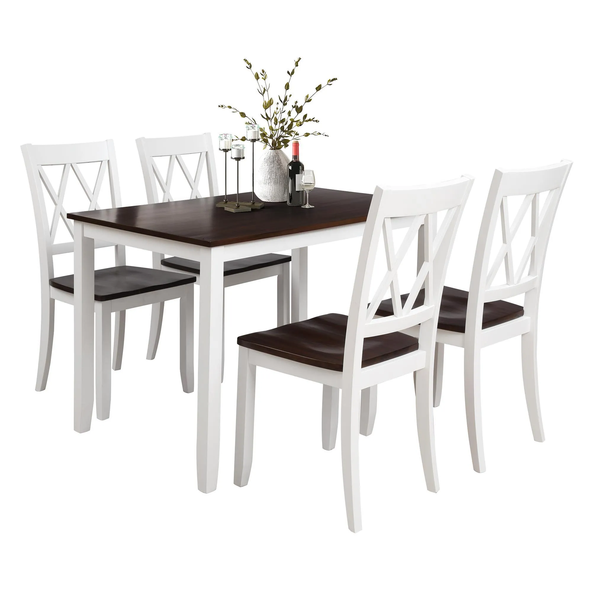 Magazzino americano Set tavolo da pranzo da 5 pezzi Tavolo da cucina e sedie per la casa Set da pranzo in legno (bianco+ciliegio) SH000088AAK