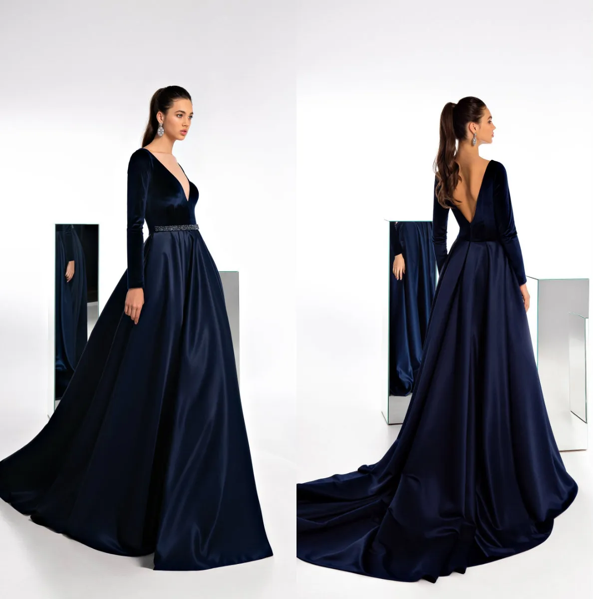 Elegant Evening Dresses V Neck Long Sleeves Lace Satin Prom Gowns 2021 Custom Made Sexy Backless Special Occasion Dress
