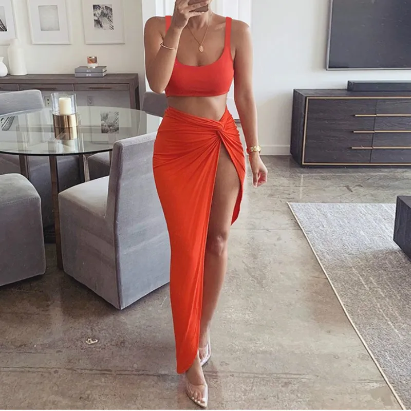 Ruched Sexy Party 2 Piece Set Women Plus Size Crop Top Twist Side Split Long Skirts Matching Sets Club Two Piece Outfits G1916