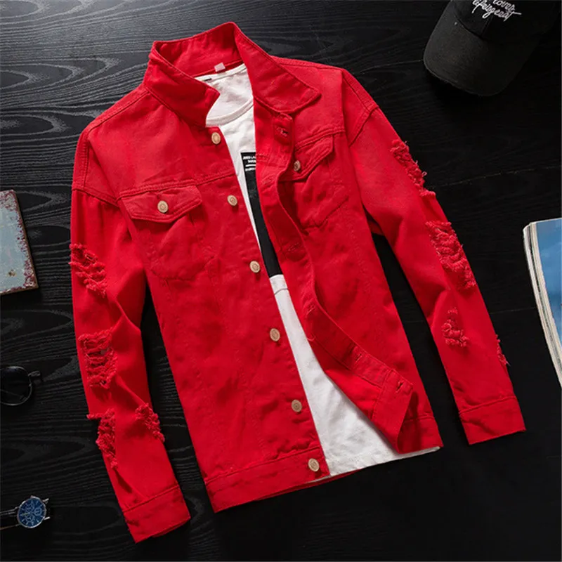 Veste en jean Homme coupe-vent Streetwear veste en jean Homme décontracté mode manteau rose rouge noir