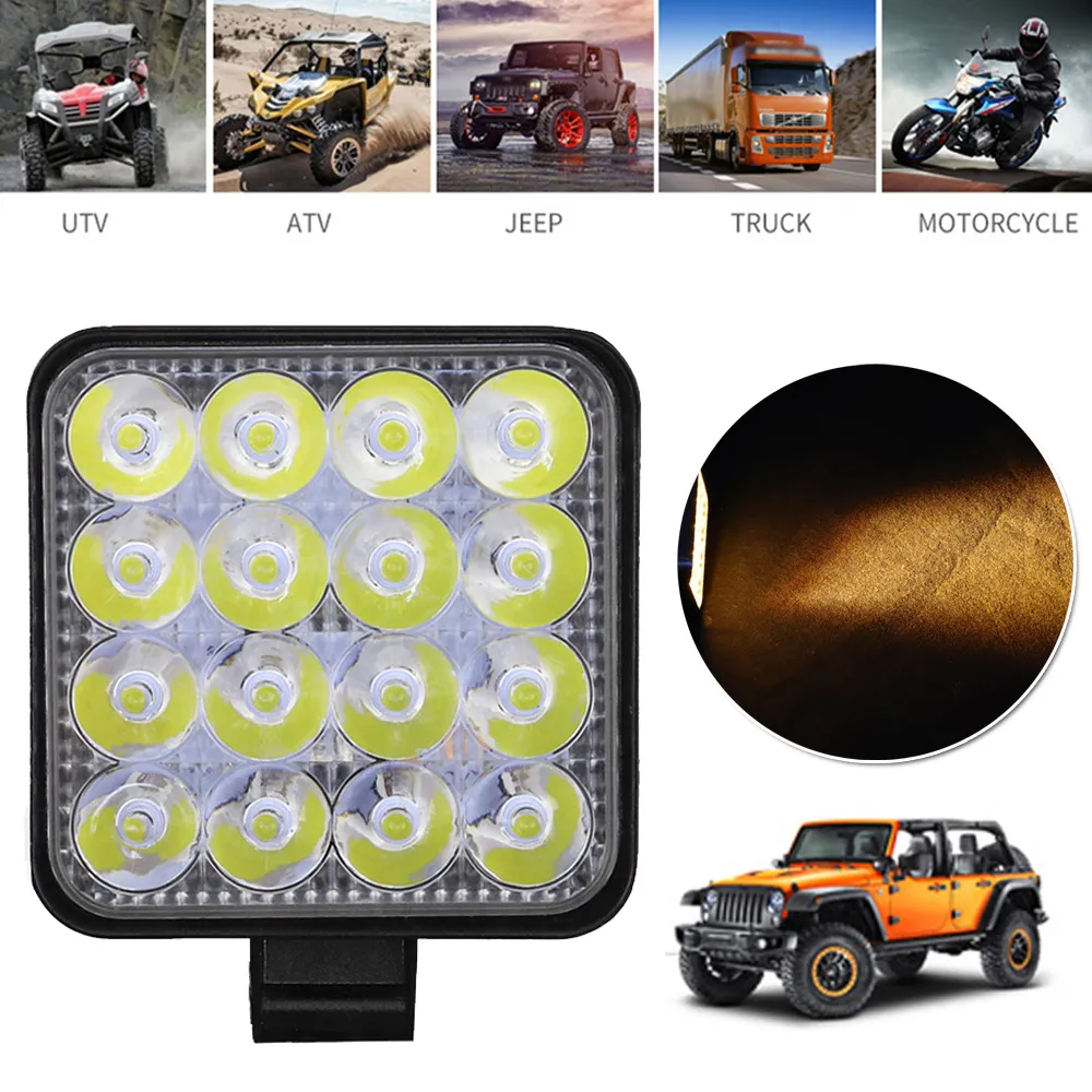 Mini Slim Jaune 48W de travail couleur jaune clair 3.3inch Led Light Work Beam16LED Square Off-route Lampe camion VTT Jeep SUV 12V 24V Led