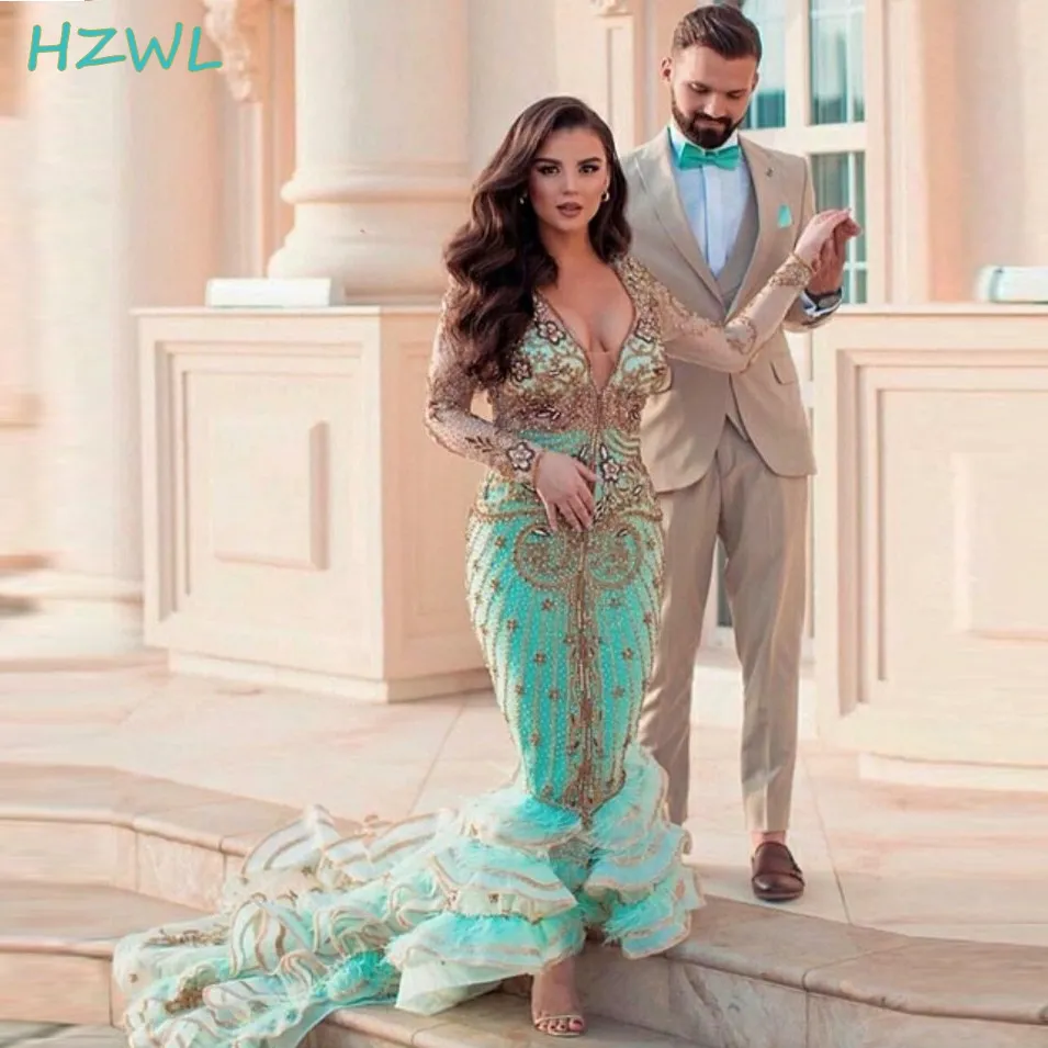 2021 Deep V Neck Mermaid Prom Dresses Turquoise And Gold Beaded Evening Gowns Plus Size High Low Sweep Train Formal Party Dress