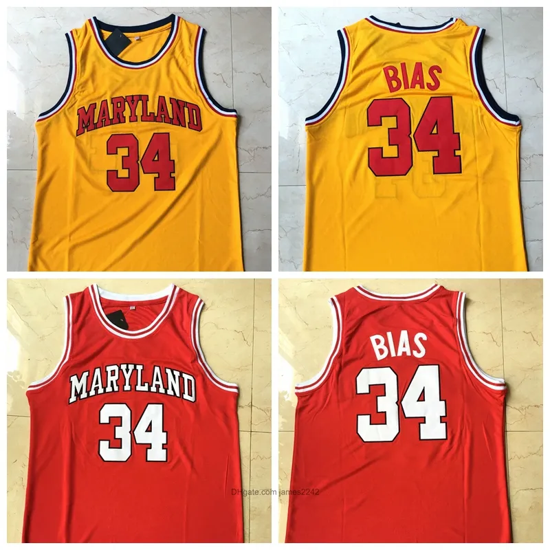 University of Maryland Len #34 Bias Basketball-Trikot, Rot, Gelb, alle Nähte und Stickereien, Größe S-2XL, Top-Qualität