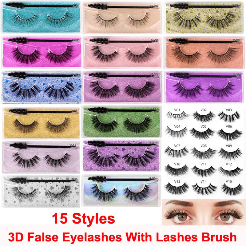 15 Styles Faux Cils 3D Vison Cils Avec Mascara Brosse Doux Épais Naturel Paillettes Extension Vison Cils Réutilisable Maquillage Des Yeux Cils