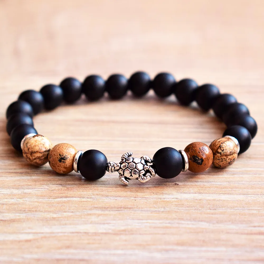 MG0785 New Design Tortoise Charm Bracelet Natural Picture Jaspers Bracelet Matte Black Onyx Beaded Wrist Mala Bracelet298Y