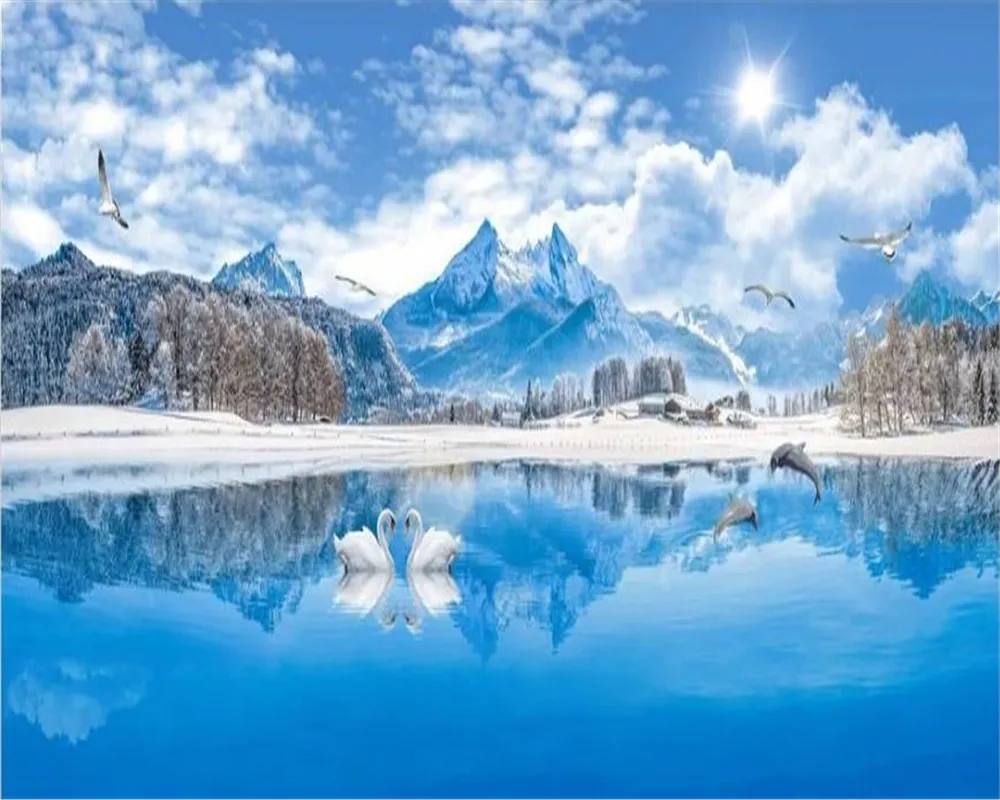 3D Silk Wallpaper Swan Lake Landscape Painting Snow Mountain Living Room  Decorative from Dhgate Wallpapers - price 35.18, image size:1000x800