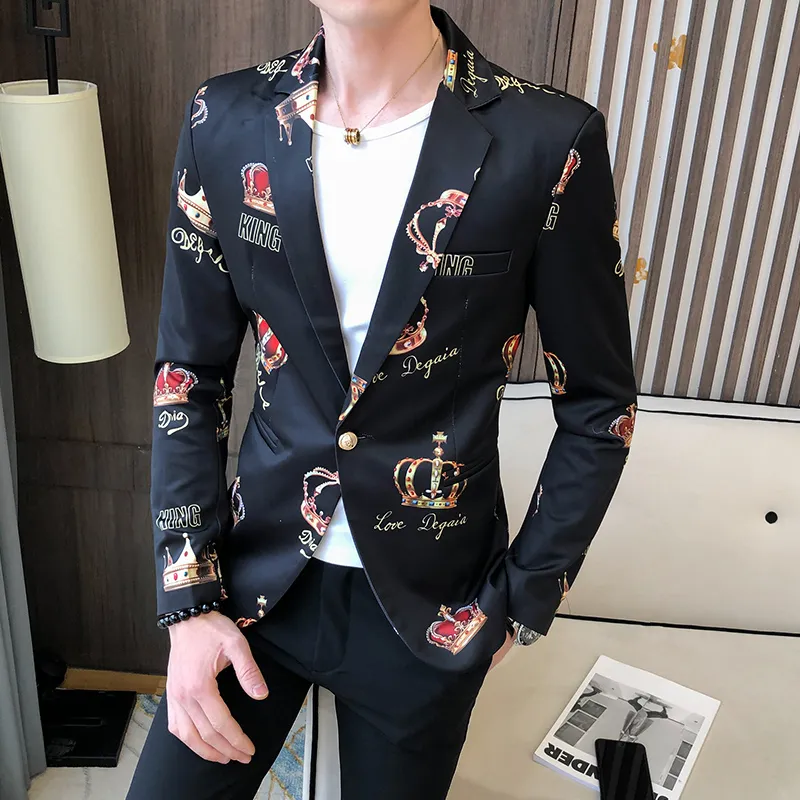 Mäns kostymer Blazers 2021 Spring Crown Print Mens Blazer Korean Jacket Wedding Dress Suit Stylish For Men Slim Fit DJ Singer158w