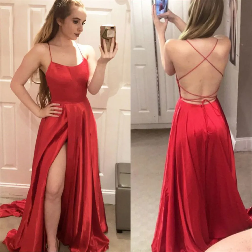 Sexig röd satin kväll klänningar långa slits backless remsor tillbaka prom klänningar pleat kungliga blå kvällsklänningar prom party klänningar