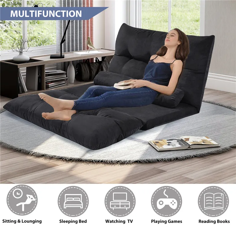 Multifunctional Soft Sofa Bed Adjustable Folding Futon Video Gaming Sofa Lounge Sofa with Two Pillows Black WF015436BAA