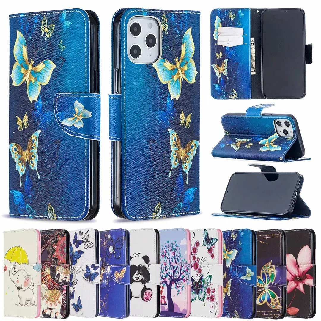 حالات محفظة جلدية لـ iPhone 15 Plus 14 13 12 Pro Max Samsung S23 Fe S22 A13 5G Note 20 Ultra Elephant Owl Butterfly Flower Panda Bear Unicorn Caroor Cover