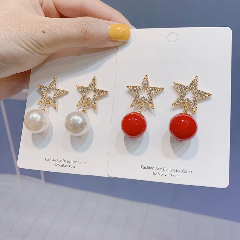 South Korea Full Diamond Five Pointed Star Pearl Earrings Women Net Red Temperament Exquisite Super Fairy Earrings Wholesale