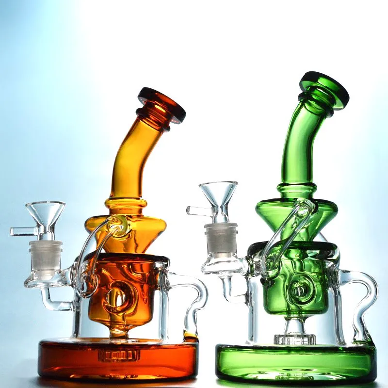 New Showerhead Percolator Glass Bong Klein Recycler 14mm Joint Water Pipes Heavy base 4mm Thickness Oil Dab Rigs Green Blue Amber Tornado R