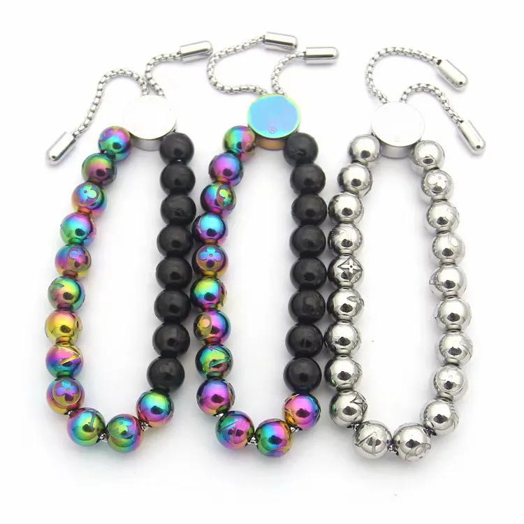 Hot Sale Fashion Style Men Lady Pull-type Colored Steel Ball V Letter Carved Flower Round Beads Chain Bracelets 