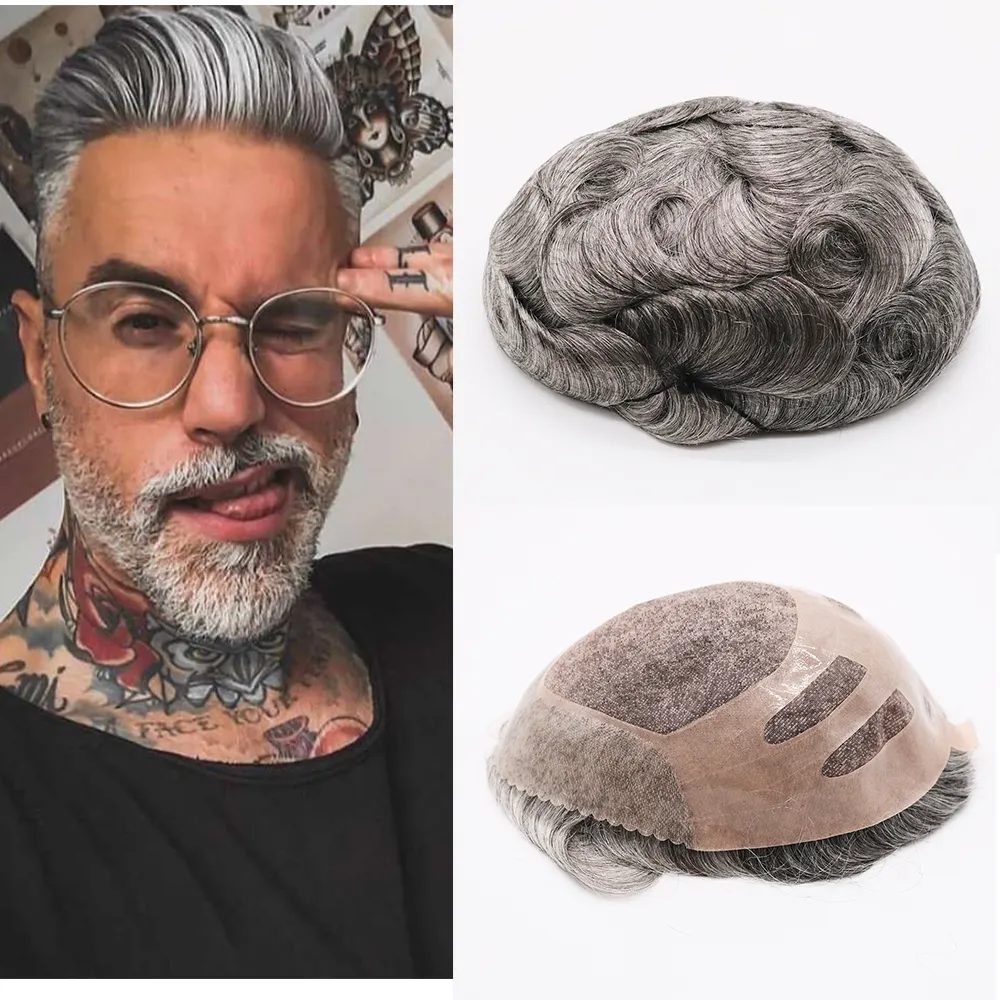 Mens Toupee Hair Replacement Human Hair Long Lasting Adhesive Hairpiece