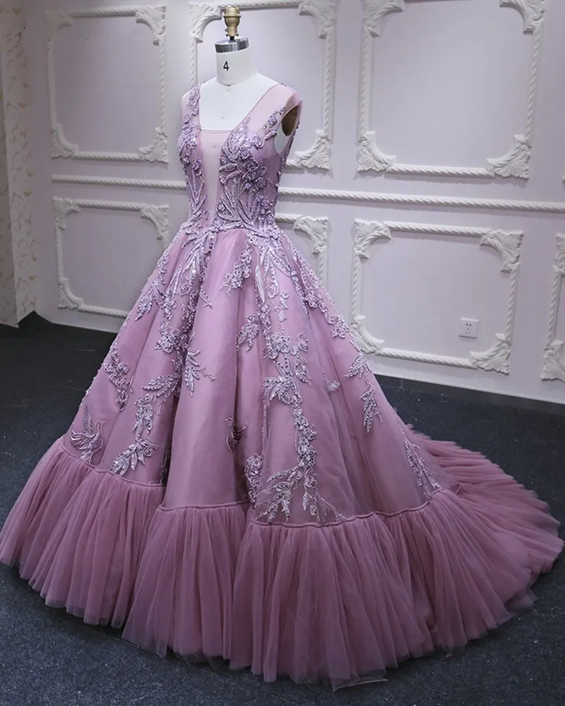 New Pink Princess Longo Formal Prom vestidos de renda apliques Tulle Pescoço V elegante vestido de noite Robe de sarau Engagement Partido Vestidos