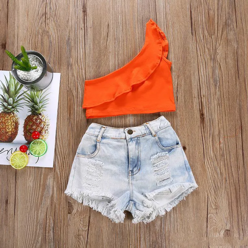 Ins fashion kids baby girls off shoulder orange Tops shorts ripped jeans set ruffles outfits featuring summer clothing boutique 2-7Y