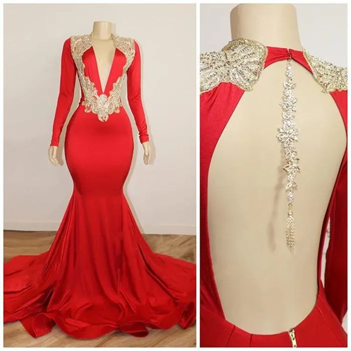New Arrival Red Mermaid Prom Dresses Long Sleeves Gold Applique V Neck Beads Crystals Backless Evening Gowns Wear Formal Dresses ogstuff