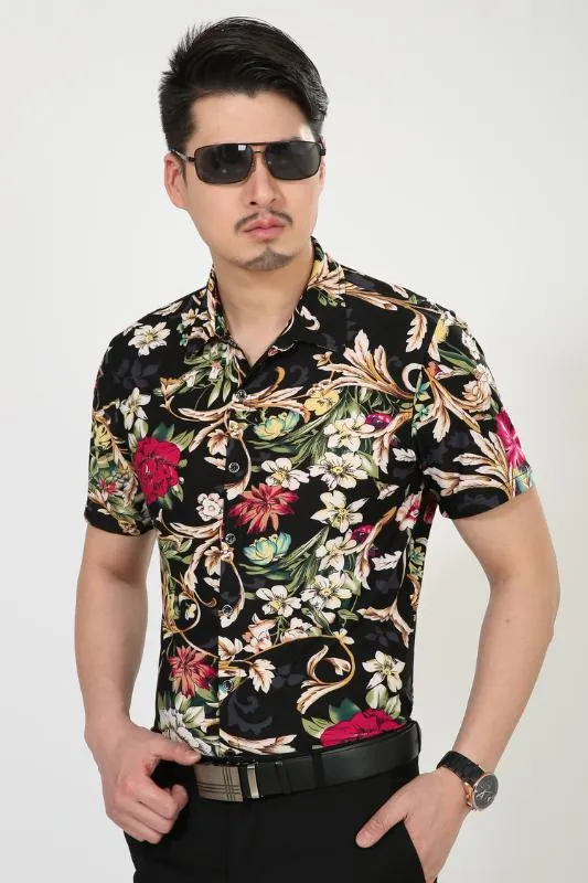 Top Brand Design Short Sleeve Mens Shirts Luxury Stylish Noble Big Print Flower Casual Men Dress Shirt Spring Summer Mens Top182n