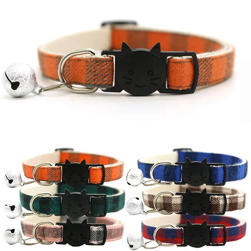 Colorful Grid Pet Collar Bell Cat Face Safety Buckle Adjustable Pet Dog Cat Necklace Neck Strap Lead Dog Cat Supply VT1575