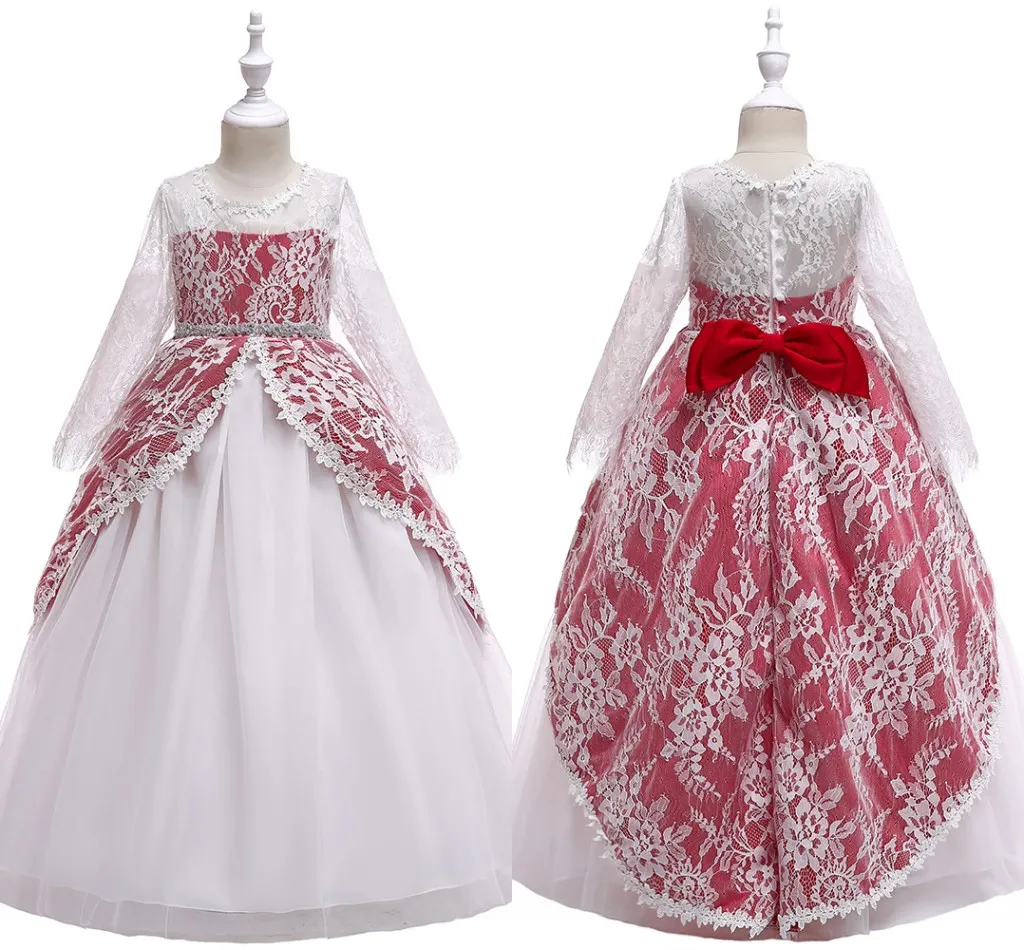 Queda Lace Inverno manga comprida Comunhão Vestidos de maca para meninas Branco e laço vermelho grande da curva Princesa Convidado de Casamento Vestido Flower Girl vestido longo