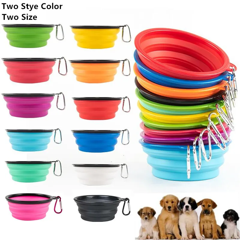 12oz 34oz Collapsible Dog Bowls Expanderbar Cup Dish Portable Travel Pet Cat Food Water Feed Silicone Bowl med karabinerklipp för promenader som reser 24 färger