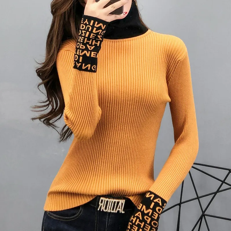 A1114 Long mince c pull à manches femmes et pulls col roulé mince chandails dames tricoté mode Turtlenek s