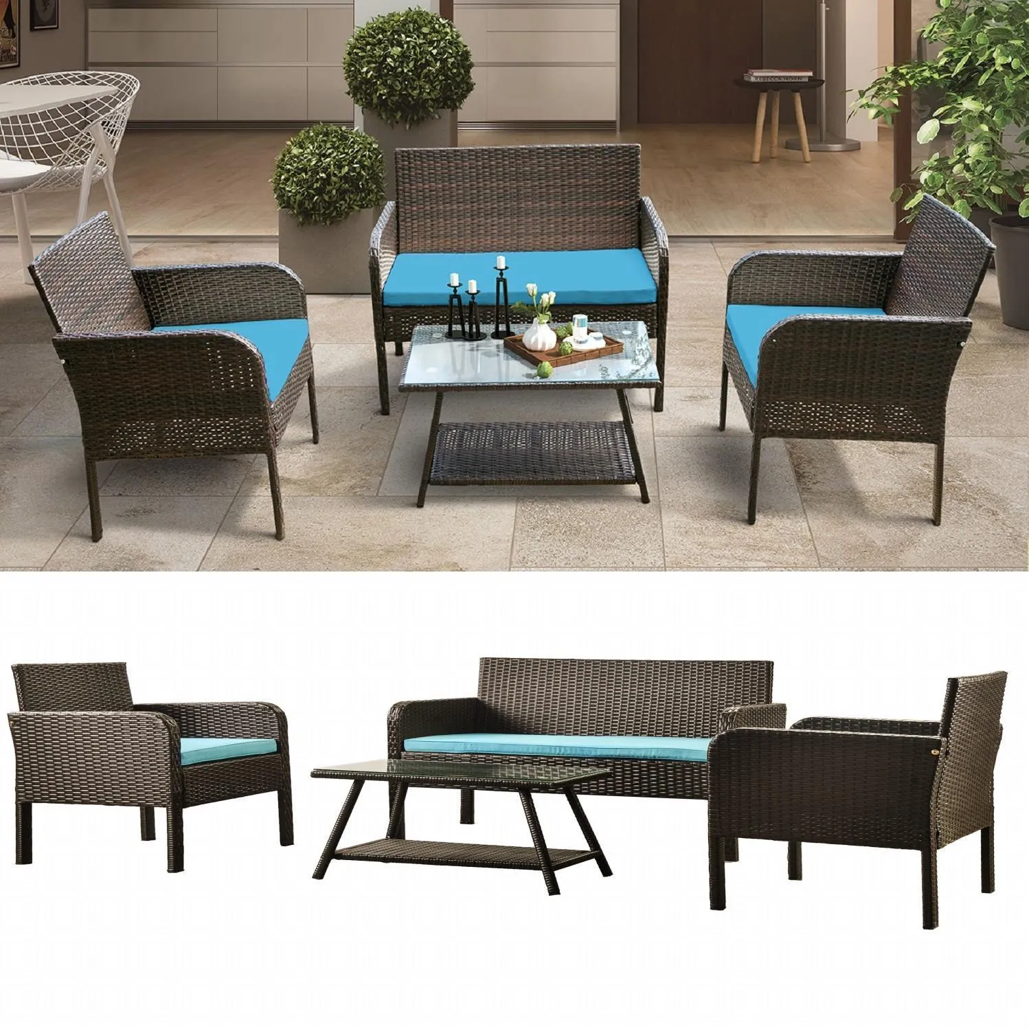 US Stock, Fast Shipping, U_Style 4 Piece Rattan Sofa Seating Group with Cushions, Outdoor Garden Ratten Sofa WF190610AAC