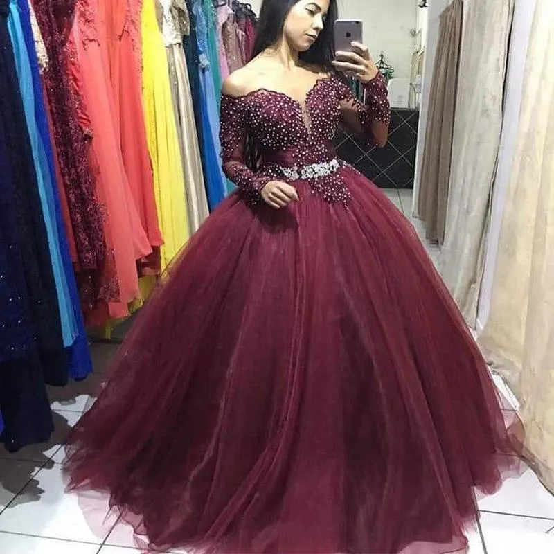 Luxe druif kralen quinceanera jurken kant applique lange mouwen avondjurken met gezwollen tule vestidos de novia speciale prom jurk