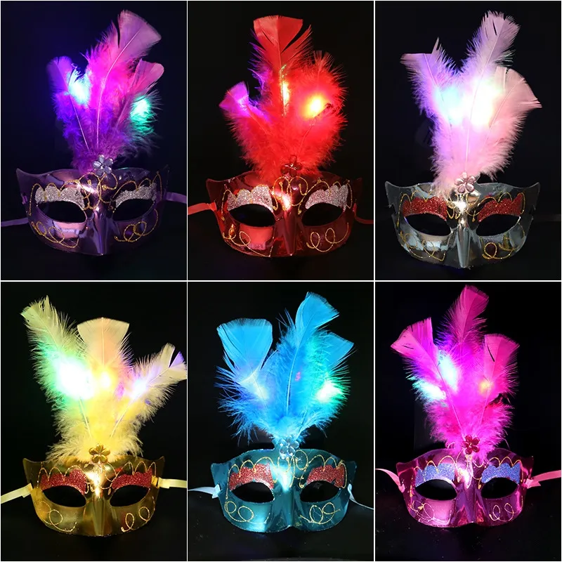 LED -lampor Feather Mask Mardi Gras Venetian Masquerade Dance Party Masks Feathers Masker Christmas Halloween Costume Supplies DBC BH3986