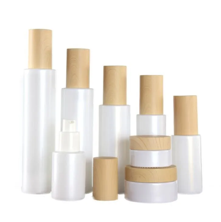 30ml Opal White Glass Bottles with Bamboo Glass Dropper Cosmetic Cream Jars Face Cream Pot,Foundation Essence Lotion Treatment Pump