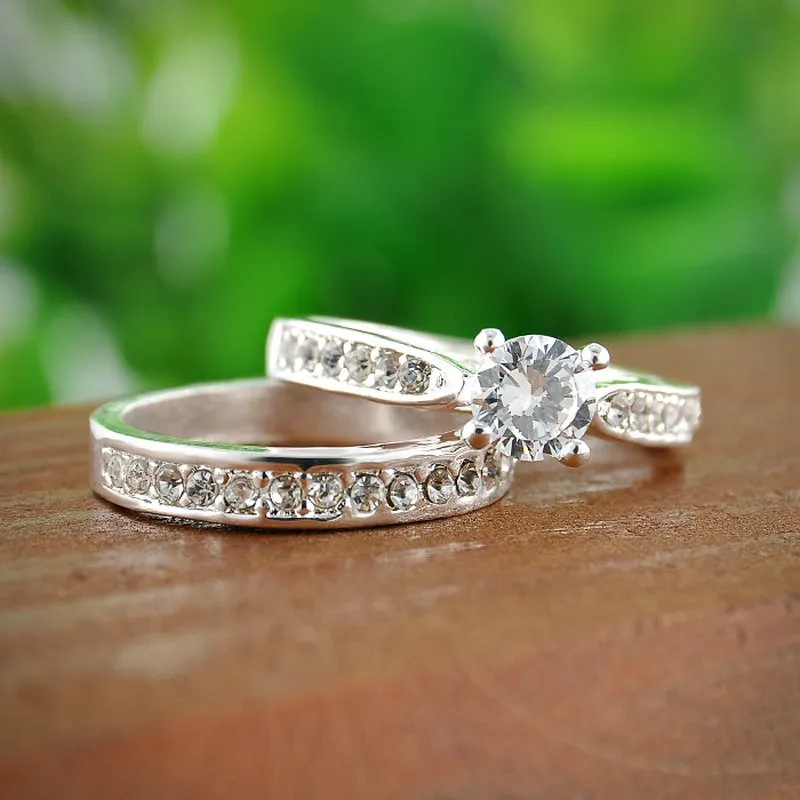 Ringar för kvinnor män bijoux femme modesmycken bijoux silver kristall engagemang bröllop ringar set