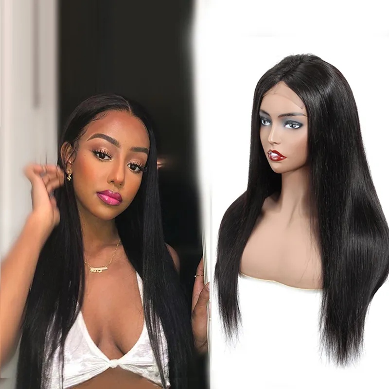 Perruque Lace Front Wig naturelle brésilienne, cheveux vierges indiens, lisses, bruts, non transformés, noir naturel, 8-24 pouces, sortie d'usine, 13x4