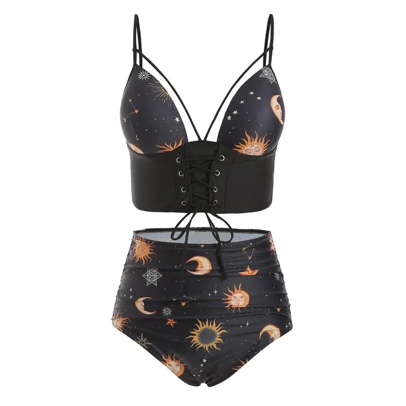 Costumi da bagno davanti per le donne a vita alta con lacci increspati Sun Star e Moon Tankini Set senza spalline Costume da bagno imbottito