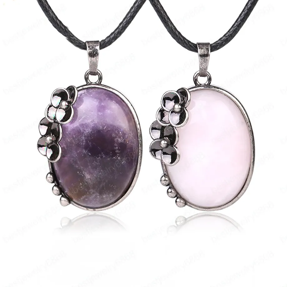 Vintage Egg Shaped Natural Stone Pendant Antique Silver Color Plated Pendants Necklaces Flower Charm Jewelry Women Men