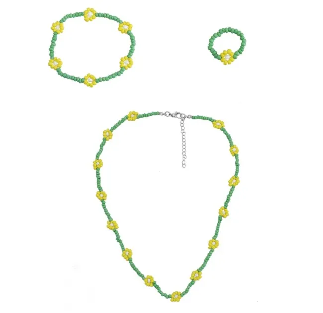 패션 간단한 구슬 스트랜드 꽃 목걸이 팔찌 링 세트 여성 문자열 페르시 짧은 여성 목걸이 쥬얼리