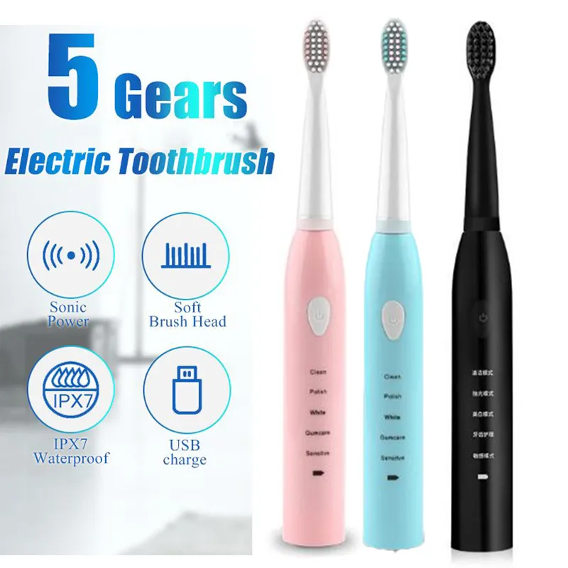 Brosse à dents électrique sonique à ultrasons brosses à dents rechargeables brosse à dents de blanchiment électronique lavable brosse à dents pour adulte minuterie aux personnes