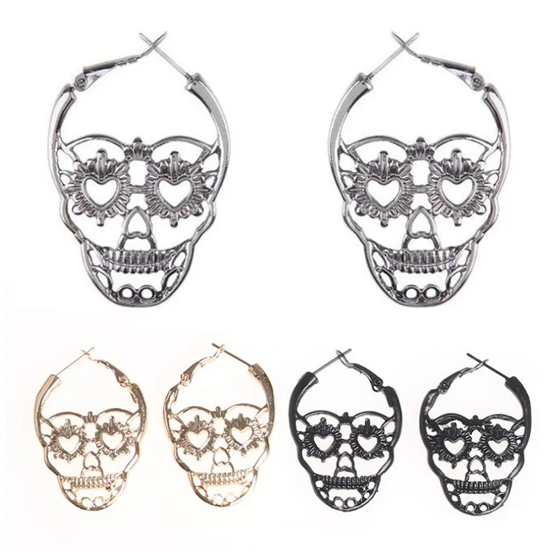 Vintage Gothic Skull Skeleton Earring Antique Silver Gold Skull Hoop Earring Halloween Jewelry for Women Girlls