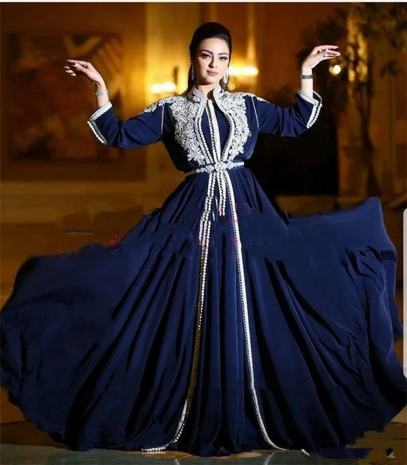 Kaftan Muslim Formal Evening Dresses A Line 2021 Modest Dark Navy Long Seeve High Neck Chiffon Celebrity Prom Gowns Party Dress Arabic Dubai Caftan