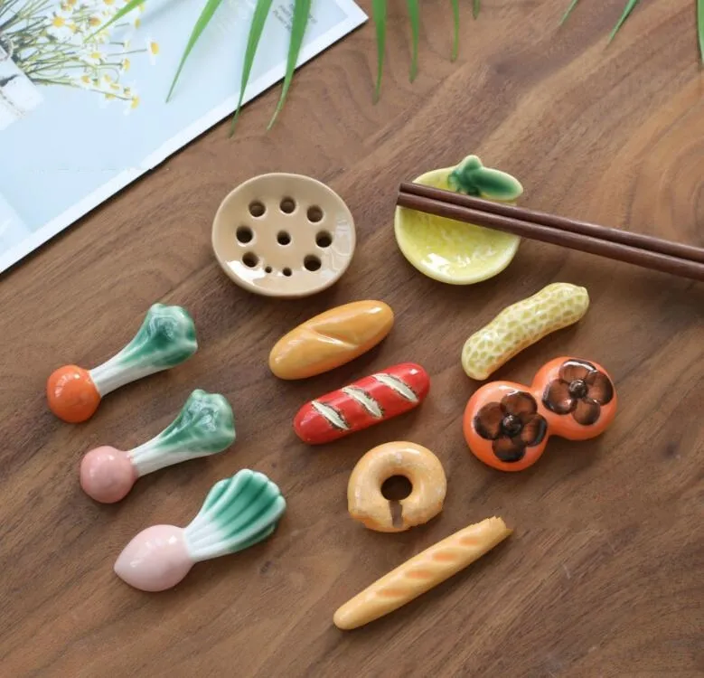 Japanese Style Chopstick Holder Ceramics Chopsticks Rest Vegetable Fruits Shape Fork Shelf Kitchen Tableware Dining Table Decor