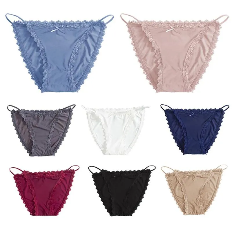 Women Sexy Solid Color Ice Silk Lace Trim Strap Breathable Thin Panty Briefs