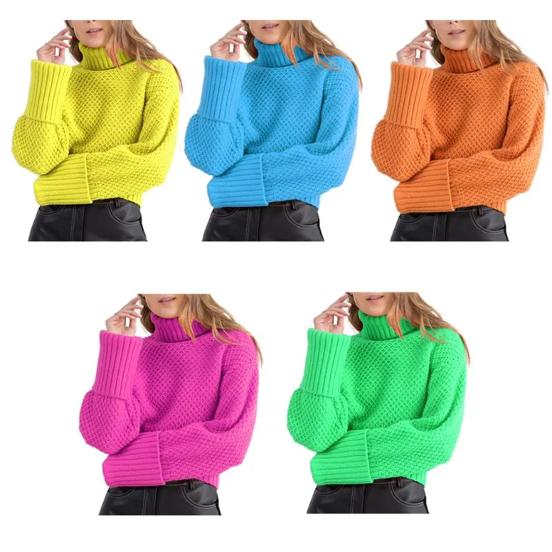 Women Long Sleeve Waffle Knit Sweater Turtleneck Flourescent Neon Solid Color Loose Tops Pullover Jumper Streetwear