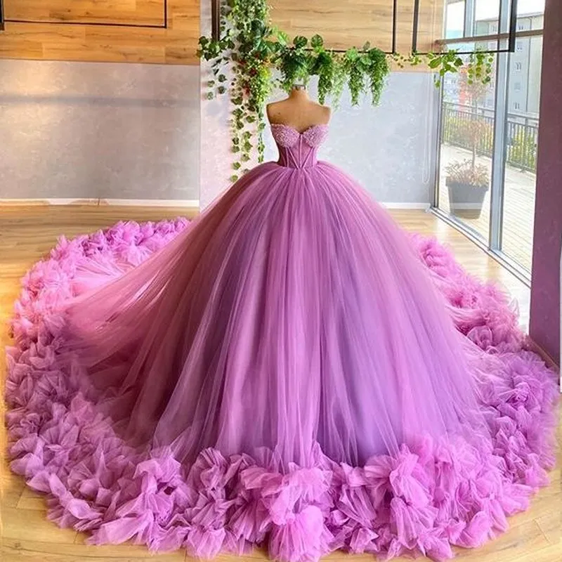 Princess Ball Gown Prom Dresses With Exposed Boning Ruffle Evening Dress Long Puffy Bottom Girls Pageant Gowns Custom Made